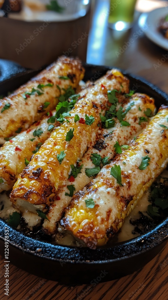Grilled corn with cheese and parsley on a black plate on a wooden table close up view Grilled corn with cheese and parsley on a black plate on a wooden table close up view