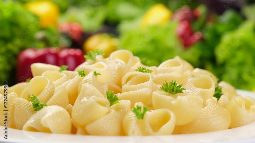 Plate of cooked italian pipa rigate pasta close-up