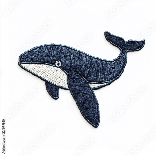 The simple logo embroidered patch of a whale falling from the sky against white background.