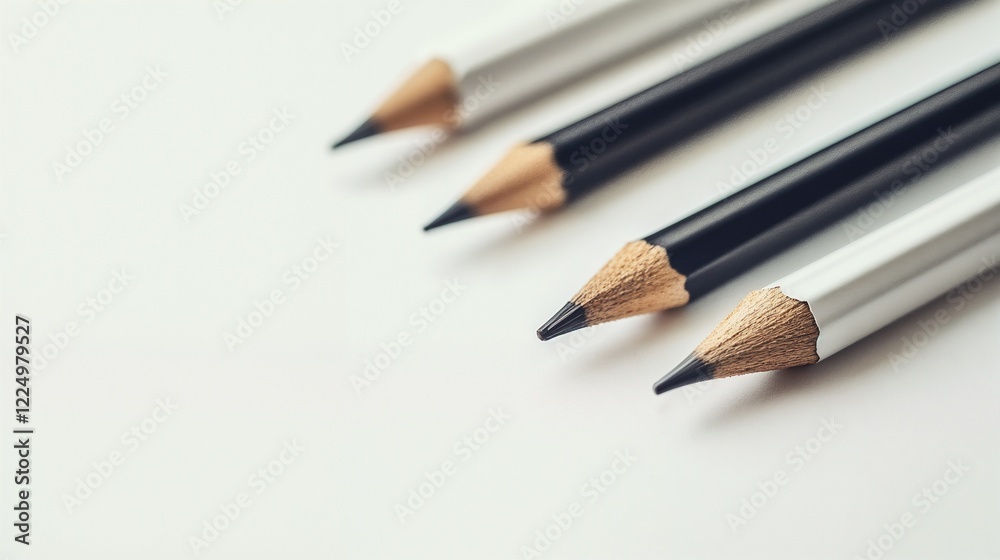 Sharp pencils arranged on white surface with minimalist style. Perfect for education, creative work and office supplies marketing. Sharp pencils arranged on white surface with minimalist style. Perfect for education, creative work and office supplies marketing.
