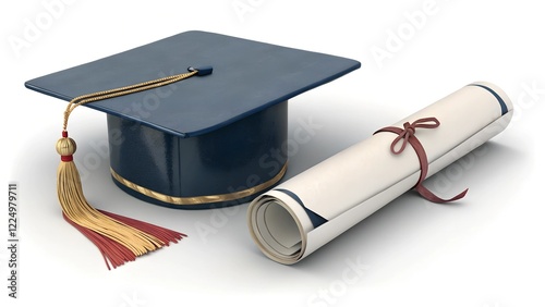 The image features a 3D rendering of a graduation cap and a rolled diploma