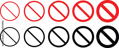 Set of stop sign icons. Stop sign vector icon set. Red and black circle sign stop entry ang slash line isolated
