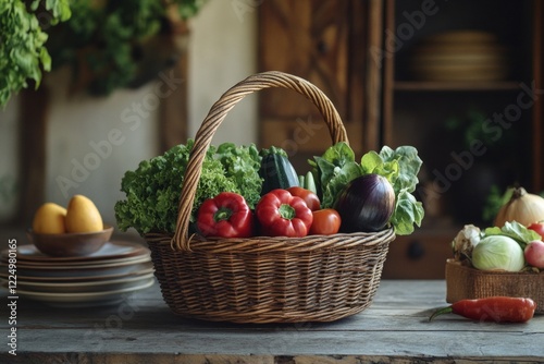 Wallpaper Mural Rattan vegetable basket filled with various vegetables on the table with a rustic kitchen background Torontodigital.ca