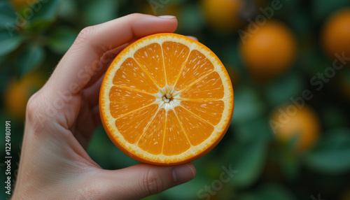 Hand holding freshly picked orange with a background of orange orchard trees. Fresh harvest orange photo