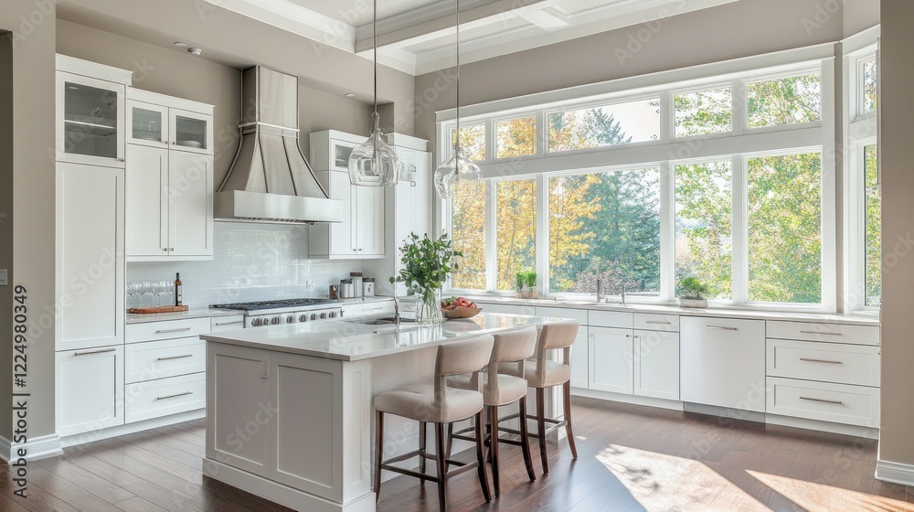 Fototapeta premium A bright and modern kitchen with white cabinets, large windows, and a central island
