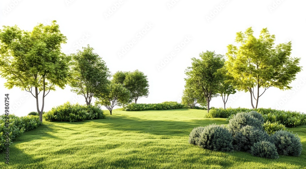 Naklejka premium Lush Green Landscape with Trees and Shrubs on Clear Summer Day