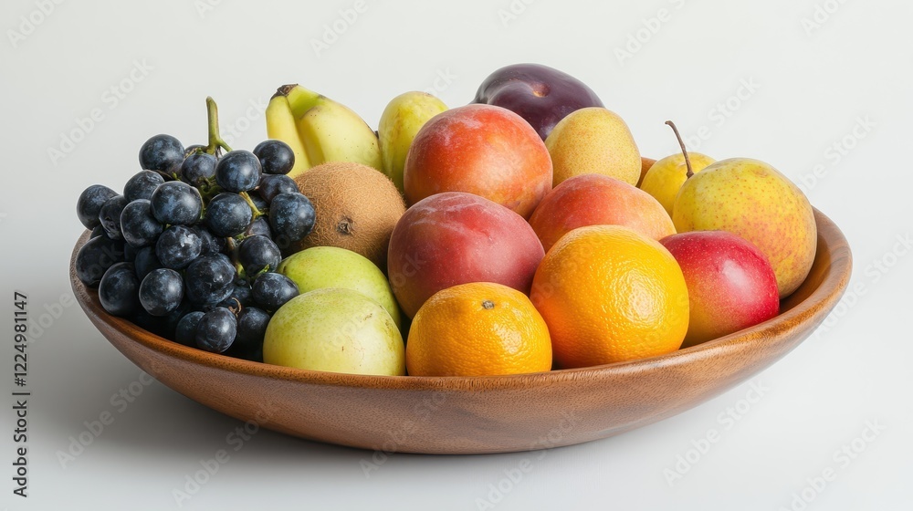 A wooden bowl overflows with assorted fruits: grapes, bananas, nectarines, plums, kiwi, apples, and oranges. Perfect for healthy eating, recipes, or fruit stand advertising. A wooden bowl overflows with assorted fruits: grapes, bananas, nectarines, plums, kiwi, apples, and oranges. Perfect for healthy eating, recipes, or fruit stand advertising.