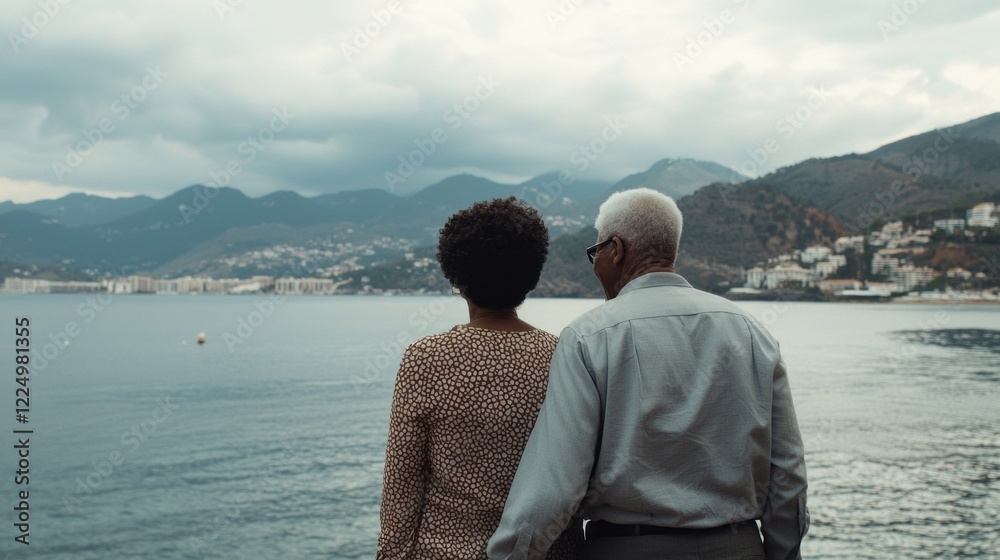 Fototapeta premium With the ocean stretching before them and mountains in the distance, a joyful senior couple stands together, relishing the peaceful atmosphere and the gentle waves