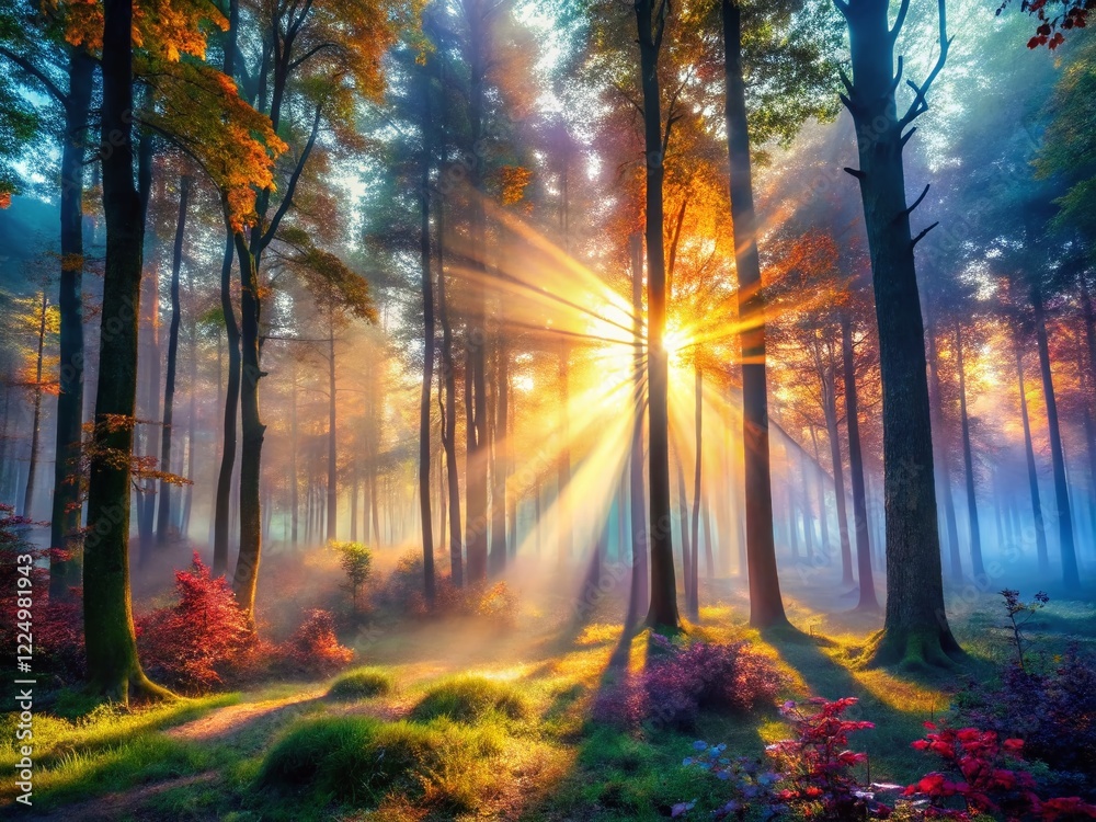 Obraz premium Surreal Morning Forest: Dreamlike Sunbeams & Mystical Trees
