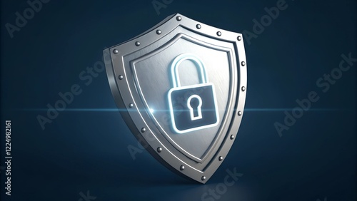 The image presents a 3D rendering of a silver shield with a prominent padlock symbol at its center