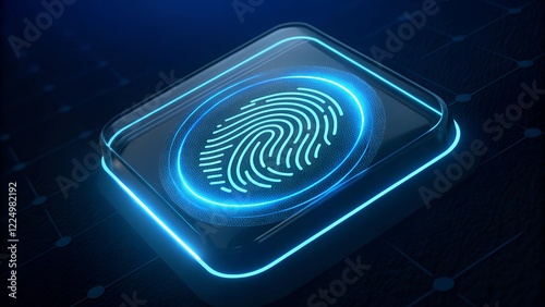 The image features a digitally rendered, close-up of a fingerprint scan icon