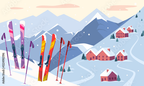 Colorful ski equipment on snowy slopes with mountain backdrop, cozy village houses, and pine trees in winter. Vector illustration