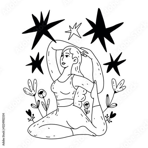 In yoga classes, a girl practices poses to develop physical flexibility and calmness. The vector illustration shows her in a sitting position, strengthening her health.