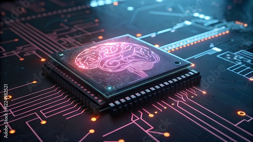 The image is a digital rendering featuring a close-up of a computer chip with a stylized brain design at its center.