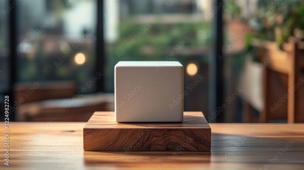A ceramic cube on wooden base. A ceramic cube on wooden base.