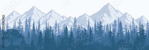 Mountain landscape with forest, morning haze, vector illustration, seamless border, panoramic view	