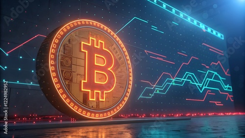 The image showcases a 3D rendering of a large, golden Bitcoin (₿) coin positioned against a backdrop of dynamic digital graphs. 