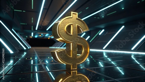 This is a digitally rendered image featuring a prominent golden dollar sign ($) positioned in the center of a futuristic