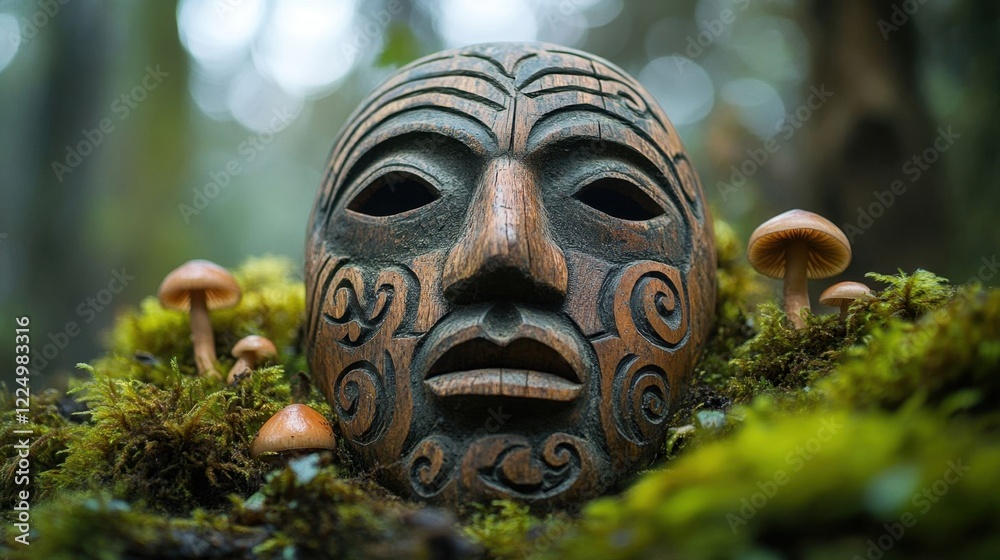 A wooden mask with intricate designs. A wooden mask with intricate designs.