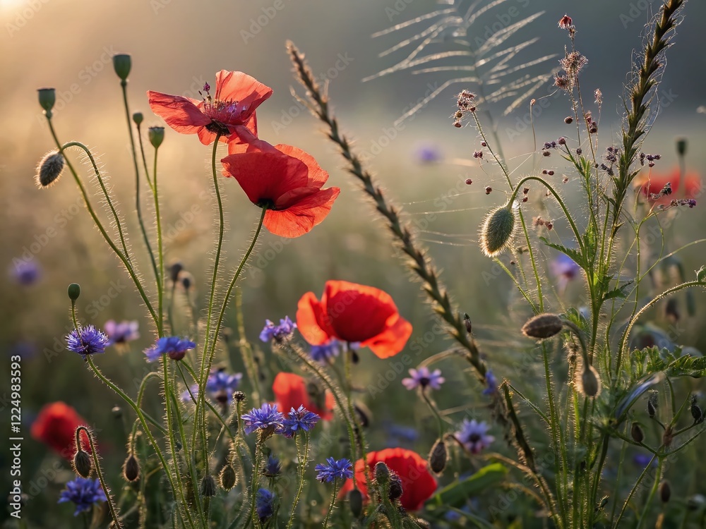 Obraz premium Surreal Poppy Wildflower Meadow Seamless Pattern - Vibrant Floral Textile Design