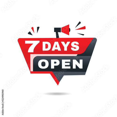 7 days open banner announcement design flat template white background. web vector element design.