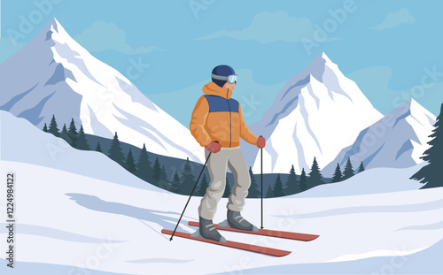 Skier wearing winter gear standing on snow with ski poles, snow-covered peaks and pine trees in the background. Winter sports concept. Vector illustration.