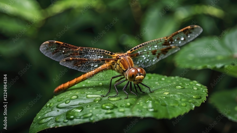 A brown dragonfly with intricate wing patterns rests on a green leaf, A brown dragonfly with intricate wing patterns rests on a green leaf,