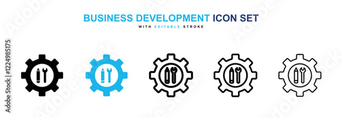 Business development icons in black and blue collection