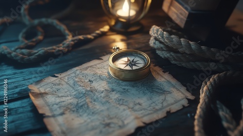 Compass, rope and treasure map on the table. The concept of sea adventures