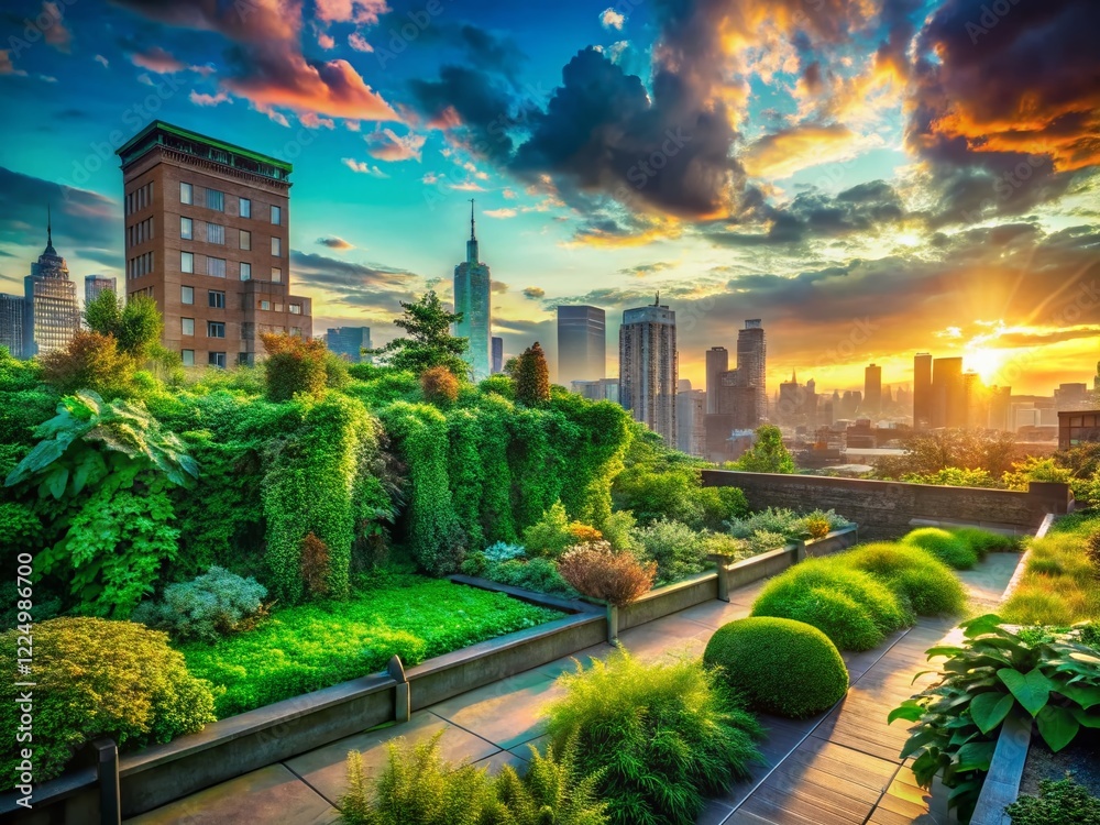 Fototapeta premium Surreal Urban Rooftop Garden Green Screen: Grainy Texture Background for Nature Videos & Creative Projects