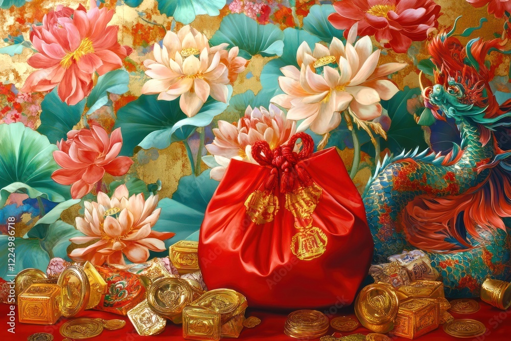 Fototapeta premium Festive Chinese New Year gifts with dragon and lotus flowers