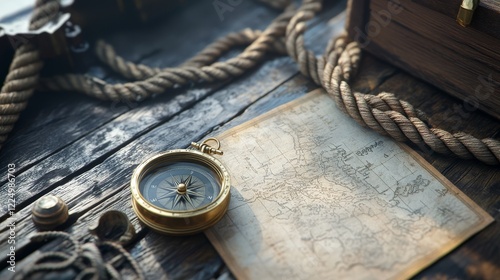 Compass, rope and treasure map on the table. The concept of sea adventures