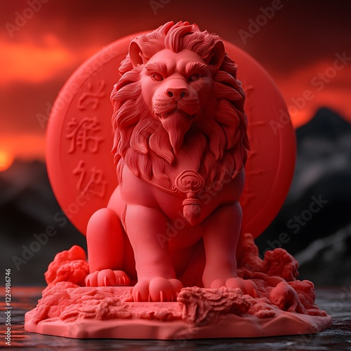 Red lion statue with Chinese characters, sunset backdrop. photo