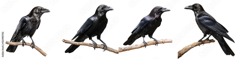 Fototapeta premium Closeup silhouette of a black crow or raven perched on a wooden branch in a natural outdoor environment The corvid bird is captured in profile with its distinctive beak eye