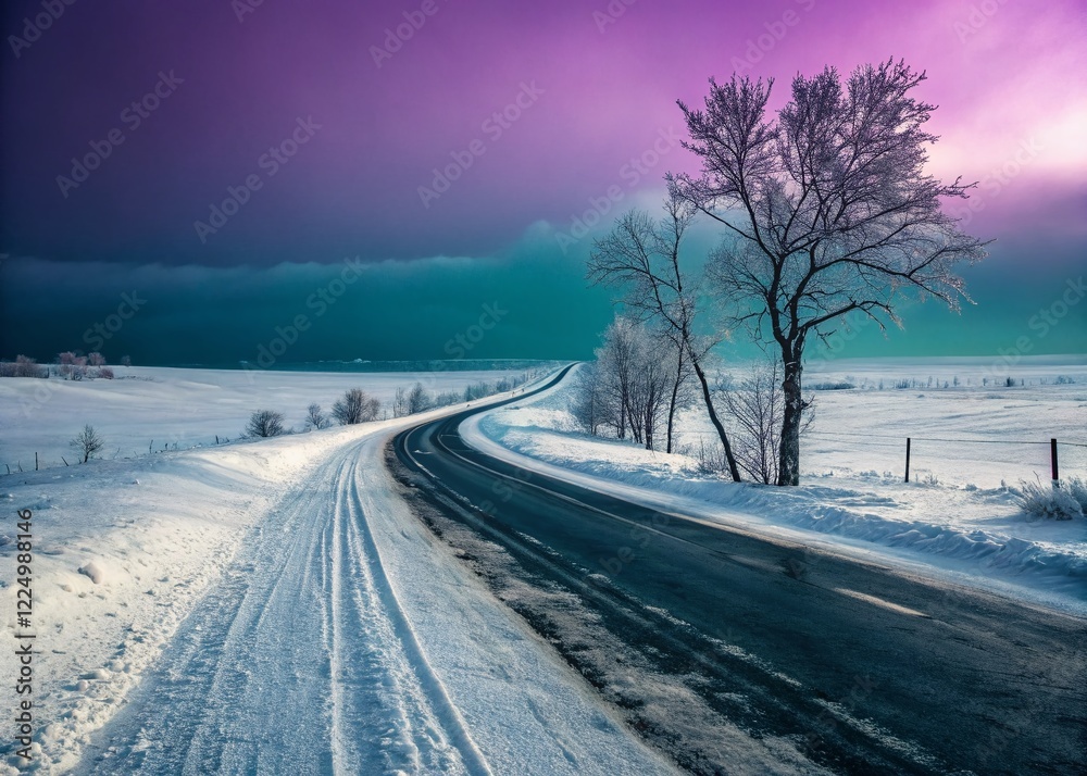 Obraz premium Surreal Winter Wonderland: Empty Snow-Covered Road in a Dreamlike Landscape
