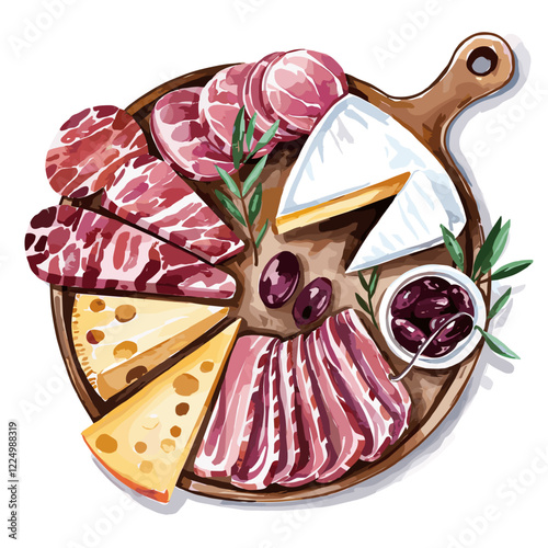 Watercolor Charcuterie Board with Meats, Cheeses, and Olives