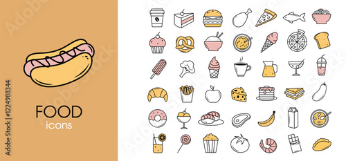 Collection of food icons including hot dogs, pizza, drinks, and desserts. Minimalist colorful design on white background. Vector illustration