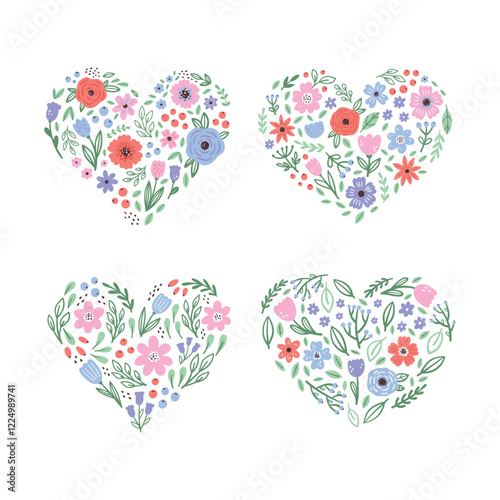 Flowers heart vector set hand drawn illustration