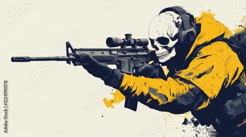 Illustration a soldier with a skull and a rifle on a white background