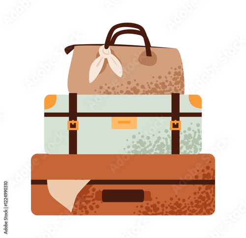 Stack of suitcases and bags for travel. Travel essentials, luggage, bag, and accessories for a vacation. Flat vector illustration.