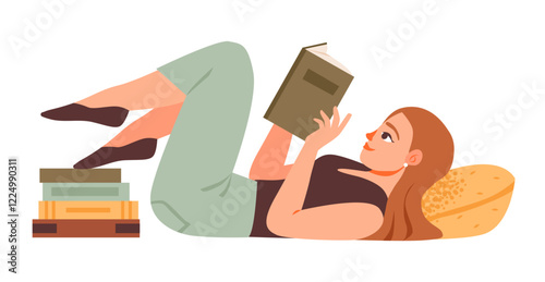 A woman reads a book while lying on a cozy pillow. A young student enjoying her favorite book in a tranquil setting. Flat vector illustration.