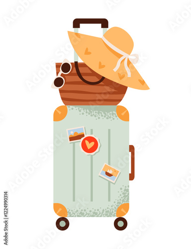Modern travel luggage, suitcase, bag, and hat. Flat vector illustration a packed suitcase with travel essentials and accessories.
