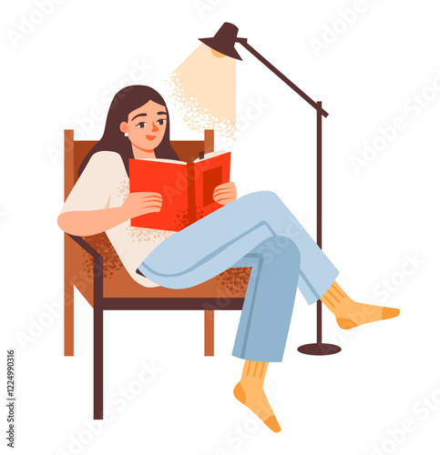 Woman reading a book in an armchair. Modern vector illustration of a female booklover enjoying her pastime. Woman with an open book.