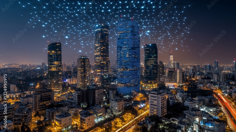 Naklejka premium Tel Aviv Skyline at Night with Digital Network of Lights, Urban Connectivity, Innovation