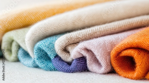 Colorful rolled textiles, soft fabric, close-up view,  website banner