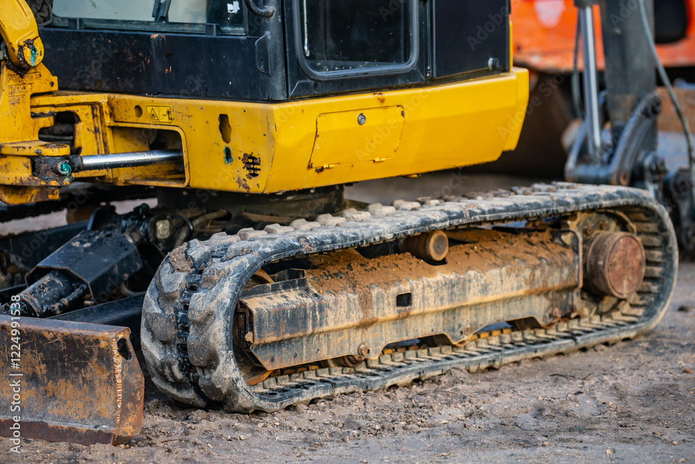 Mini excavator track system of yellow excavator in muddy terrain Mini excavator track system of yellow excavator in muddy terrain
