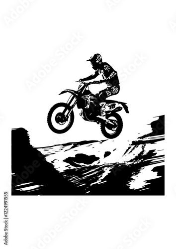 Flat Black Silhouette of Motocross Stunt Rider .
