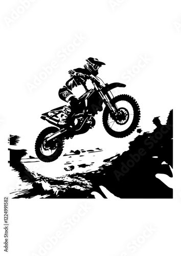 Flat Black Silhouette of Motocross Stunt Rider .

