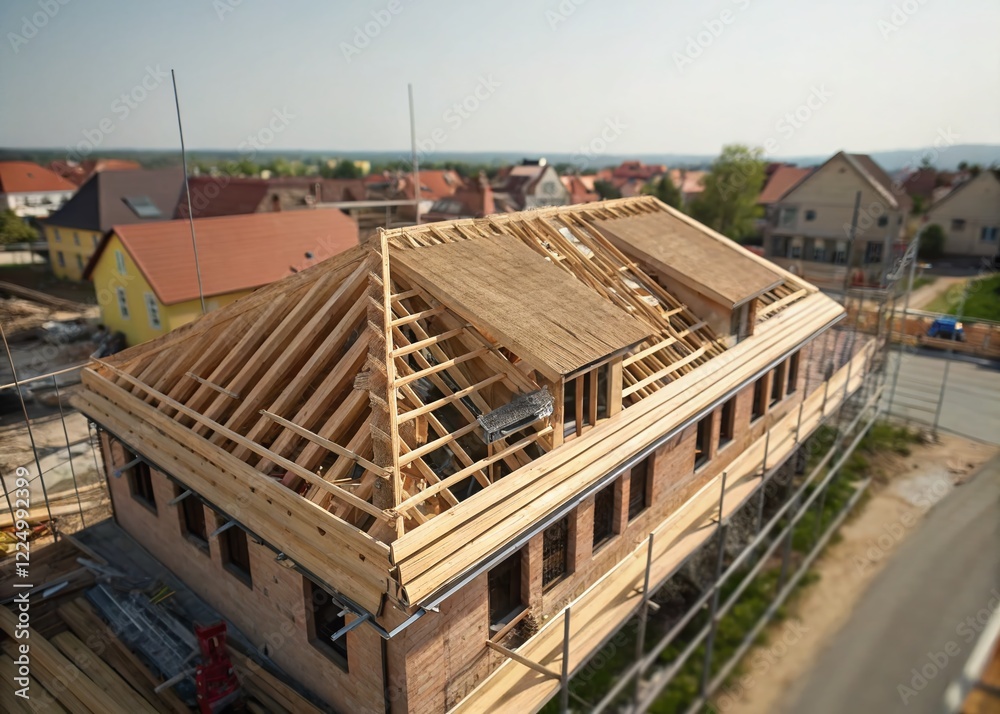 Tilt-Shift Aerial View: Unfinished Wooden Roof Structure Under Construction
