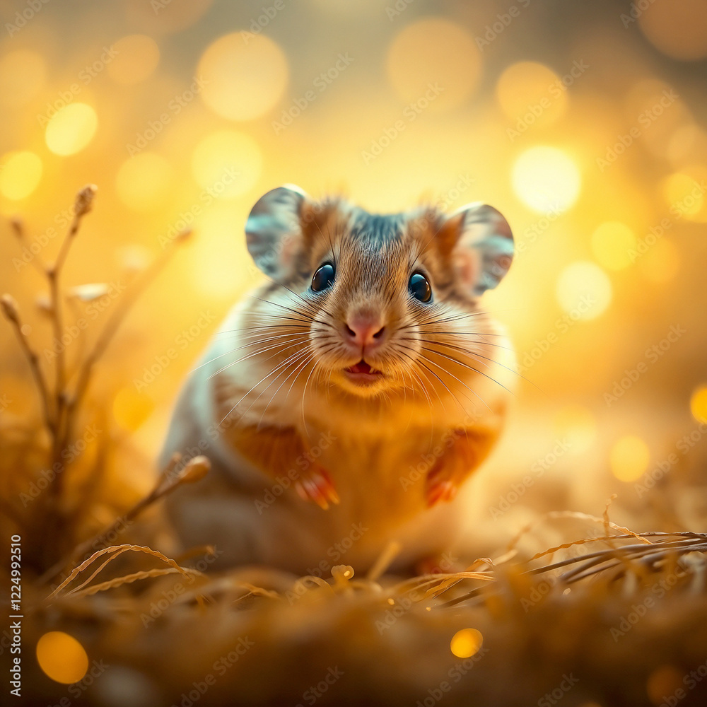 Adorable close-up of a hamster in a warm, golden-toned setting. Soft lighting highlights its cute features in a cozy, peaceful atmosphere. Adorable close-up of a hamster in a warm, golden-toned setting. Soft lighting highlights its cute features in a cozy, peaceful atmosphere.